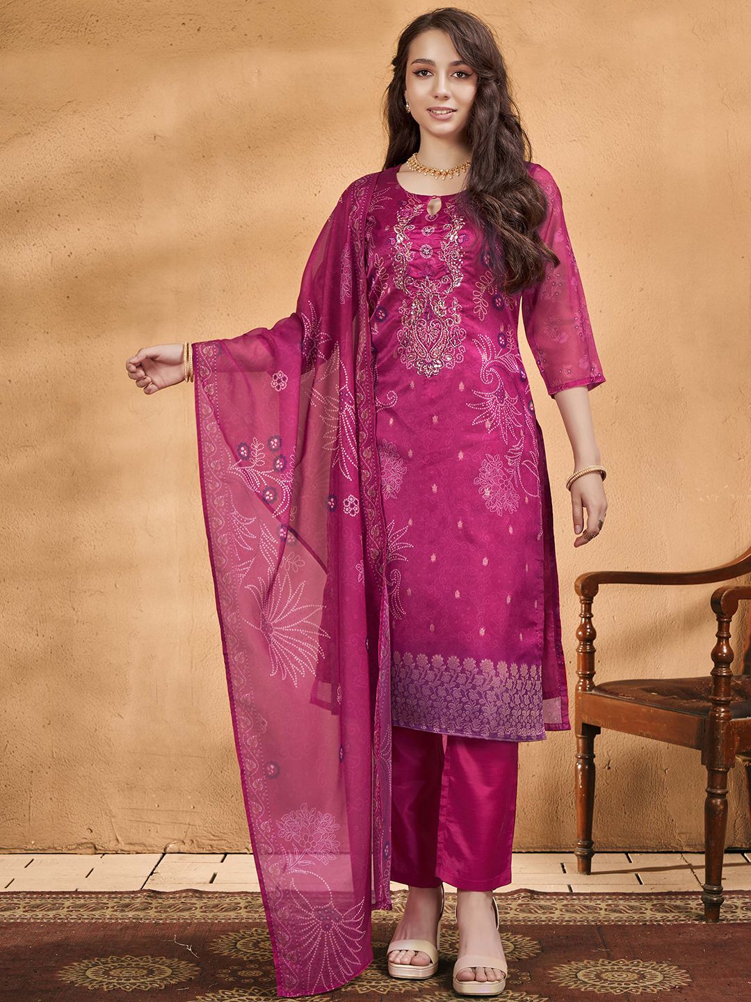 Anouk Women Bandhani Embroidered Kurta with Trousers & Dupatta