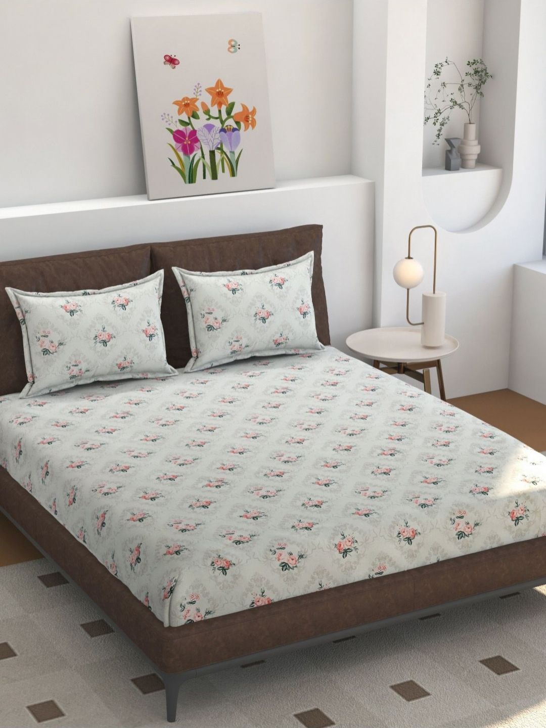 Florida Pink & Off White Floral 160 TC Queen Bedsheet Set 275 cm X 228 cm-picture-19