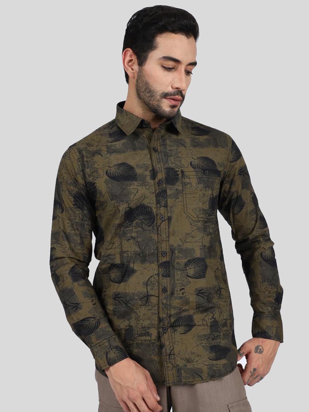 WOLF & CO. Men Relaxed Fit Floral Printed Spread Collar Cotton Casual Shirt-picture-11