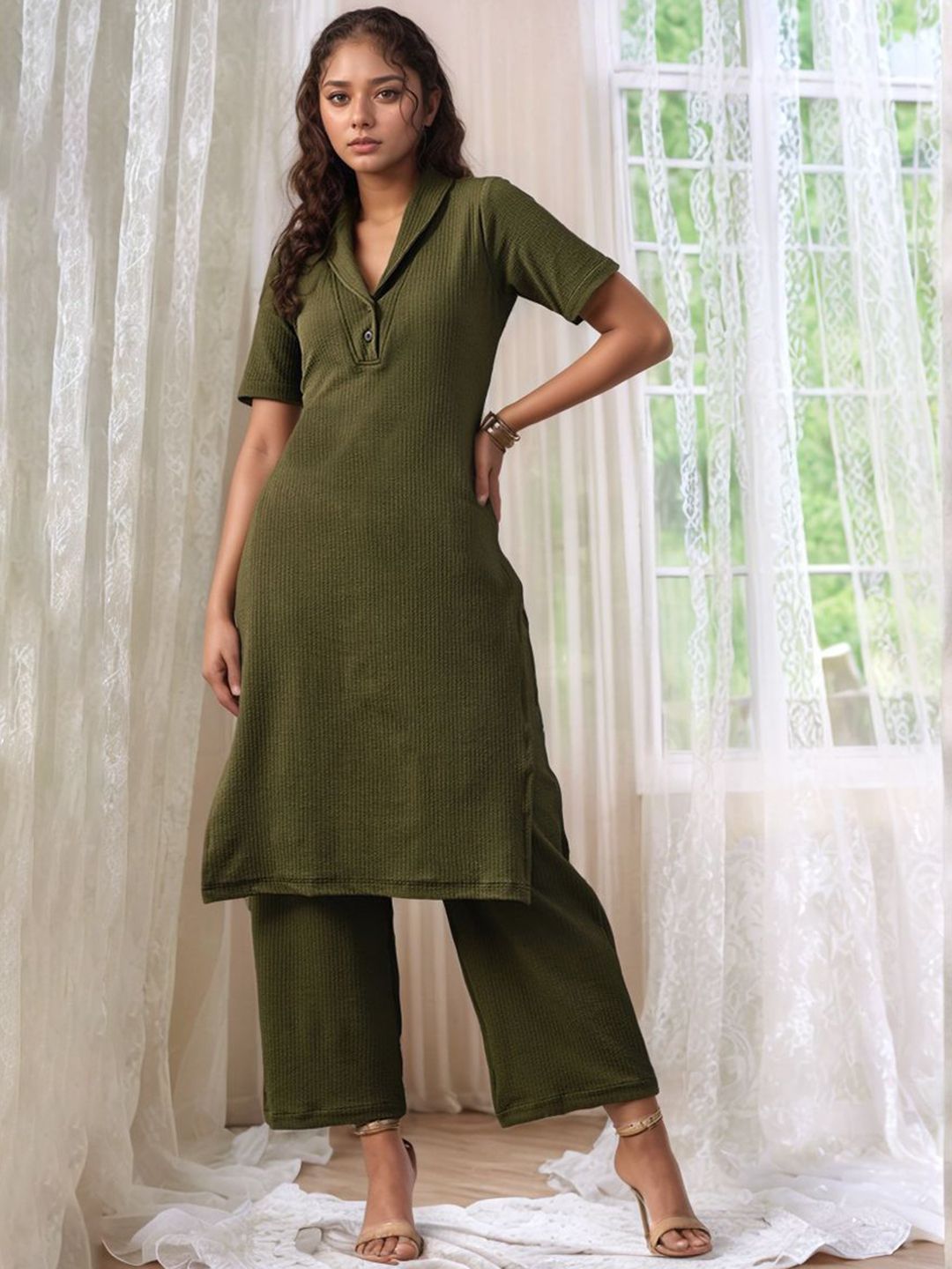 HERE&NOW Shawl Collar Straight Kurta With Trousers