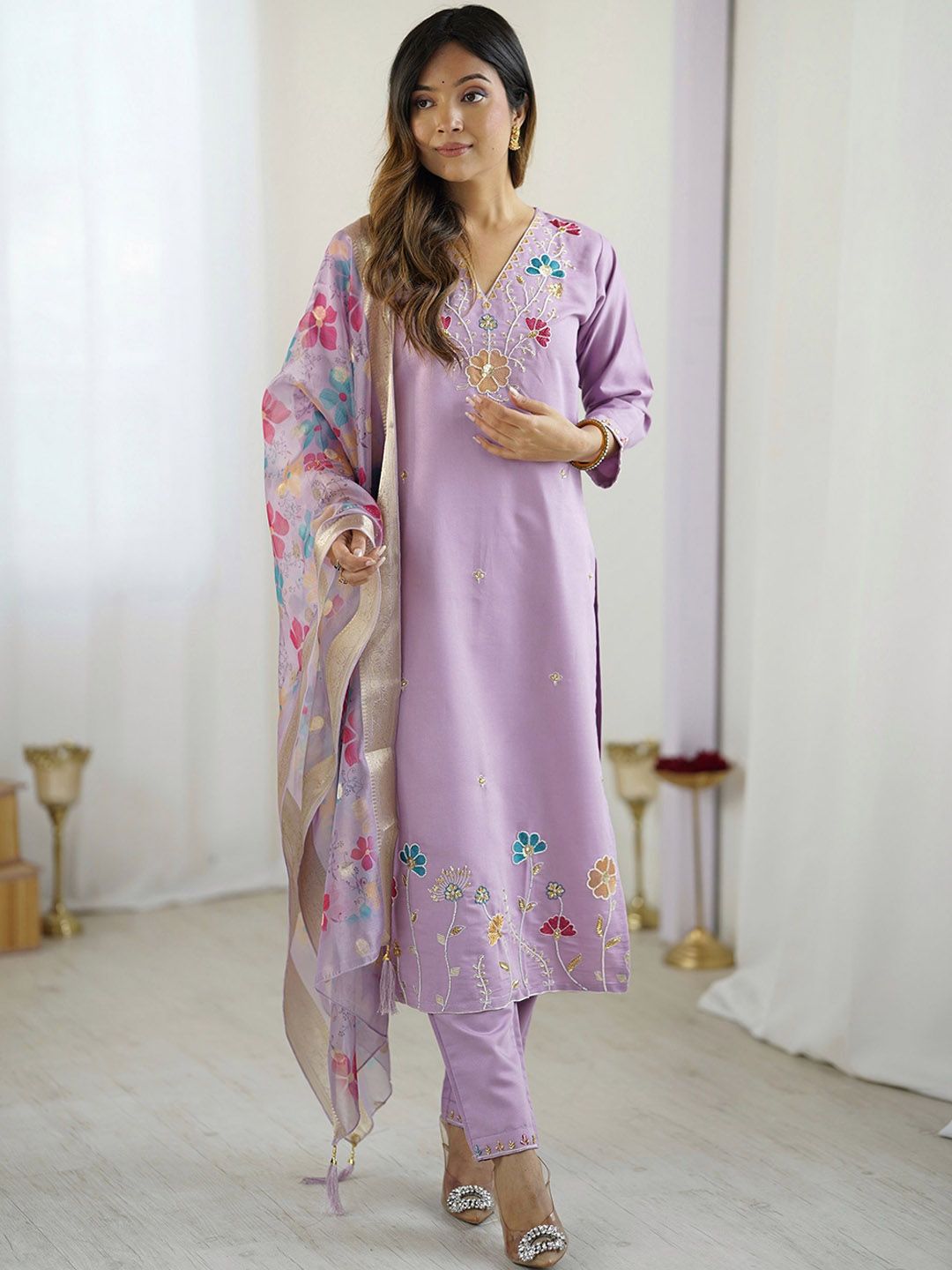 all about you Embroidered V-Neck Beads and Stones Straight Kurta With Trousers & Dupatta