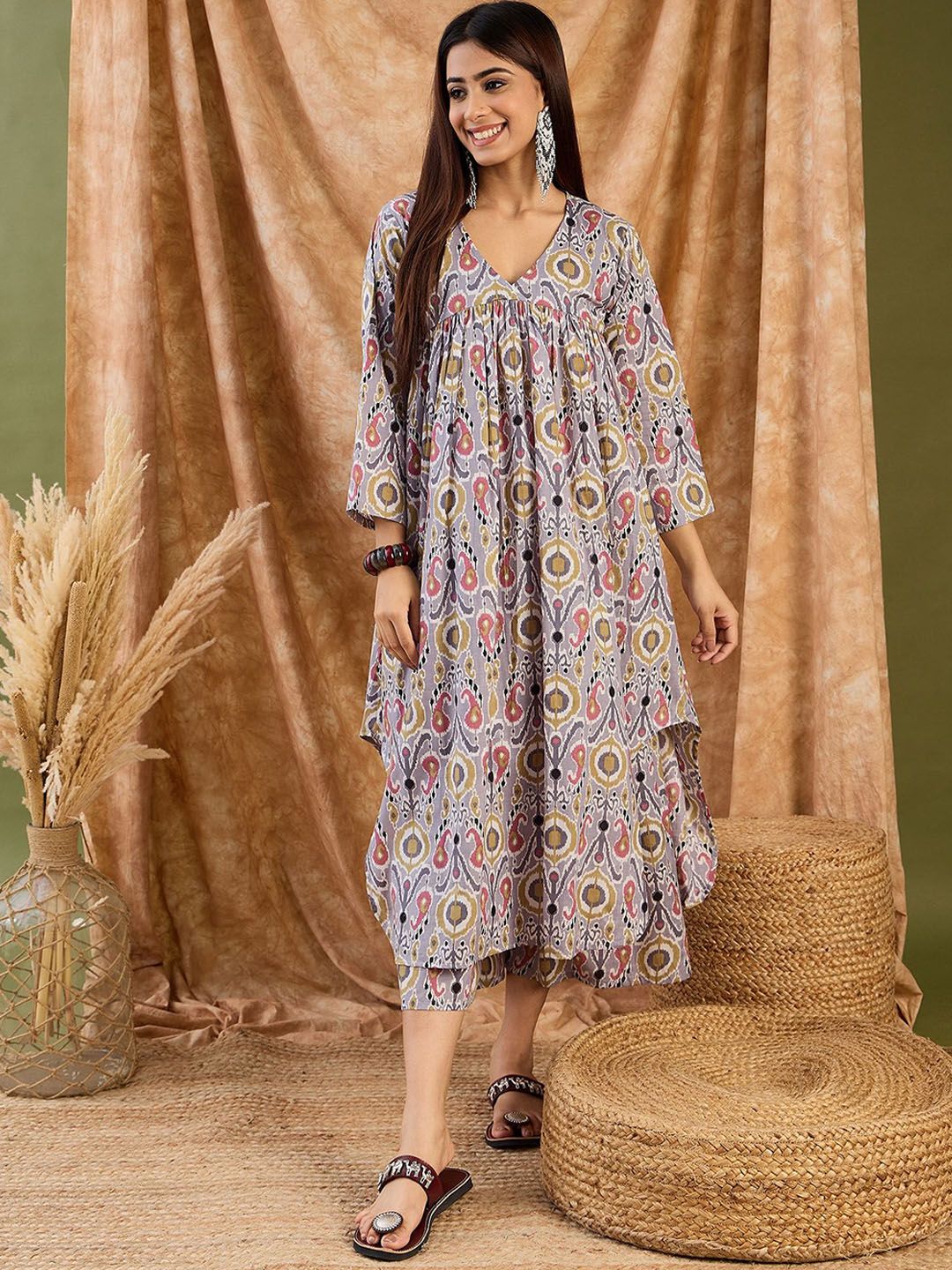 InWeave Floral Printed V-Neck Pure Cotton Anarkali Kurta With Palazzo-picture-15
