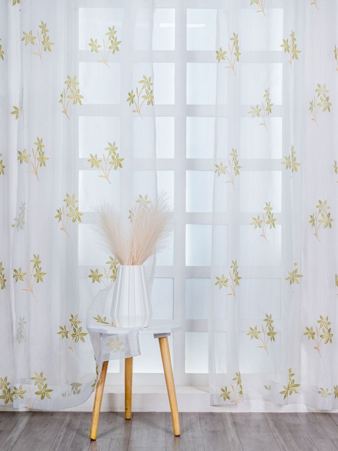 Parda Online White & Green Set of 2 Floral Sheer Long Door Curtain-image-16