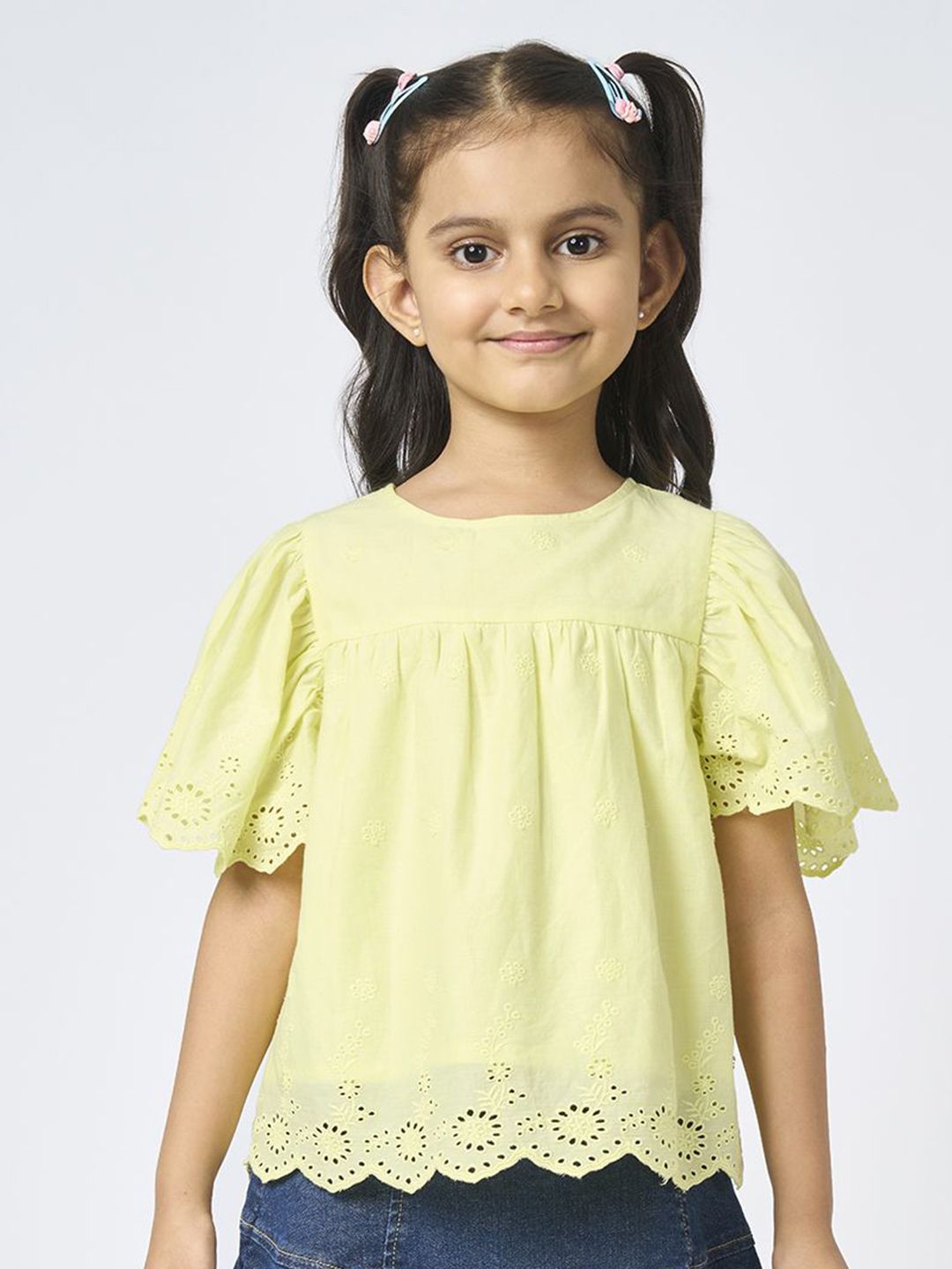 Ed-a-Mamma Girls Self Design Flared Sleeve Cotton Round Neck Top-picture-40