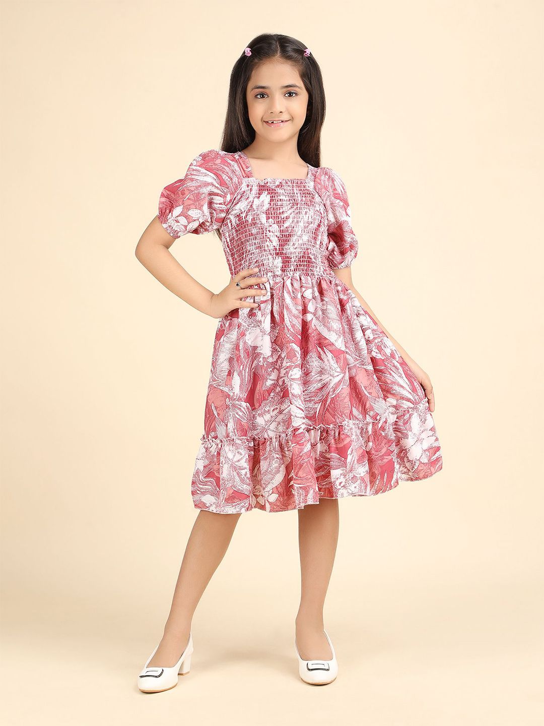 PTVIZE Girls Floral Printed Puff Sleeve Fit & Flare Dress-picture-35