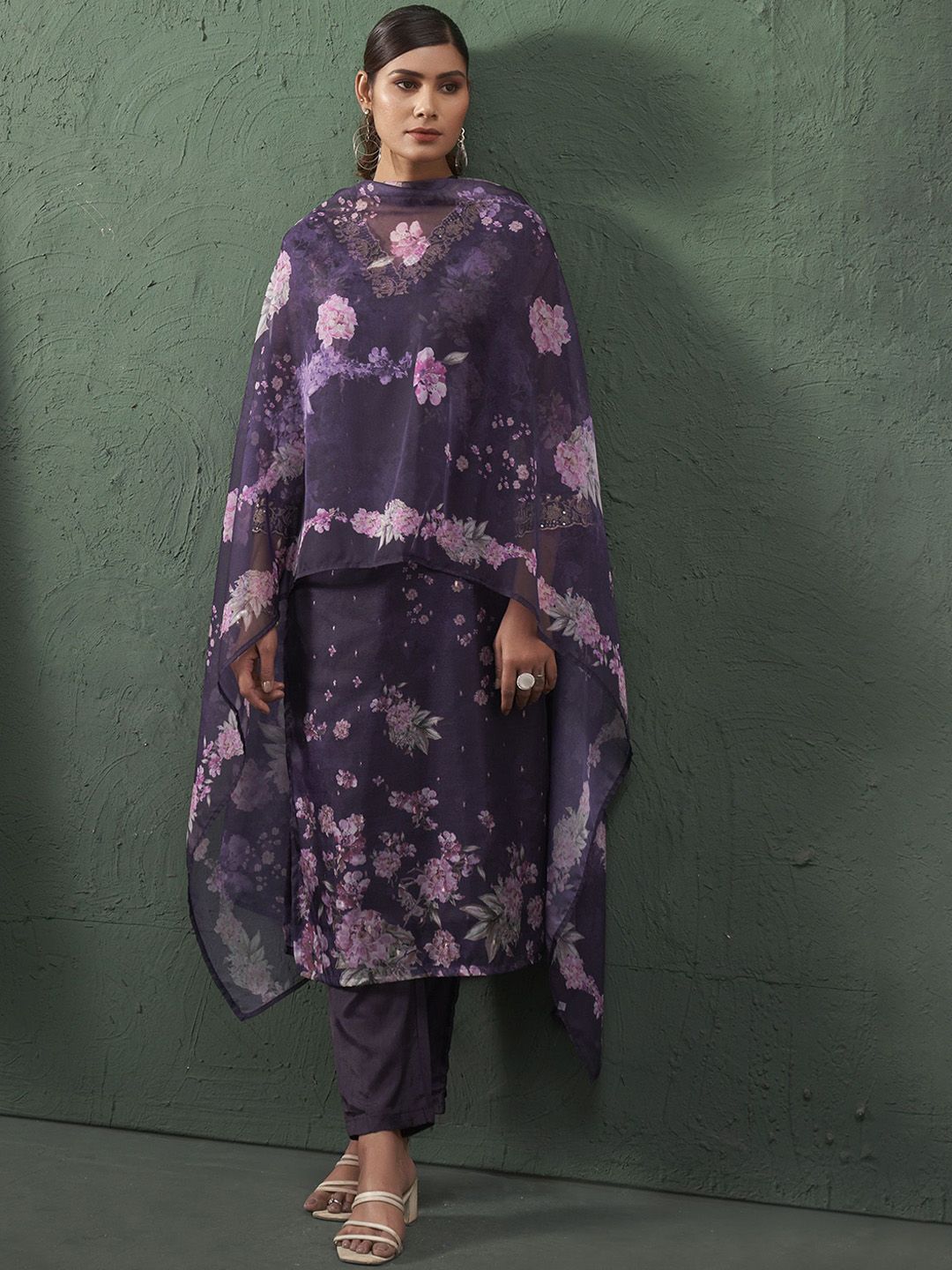 Anouk Floral Embroidered Straight Thread Work Kurta With Trouser & Dupatta