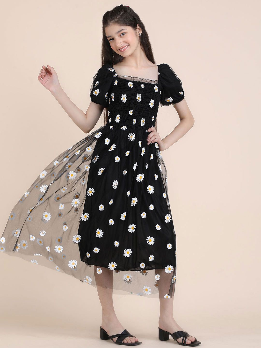 PTVIZE Girls Floral Printed Net Fit & Flare Midi Dress-picture-54