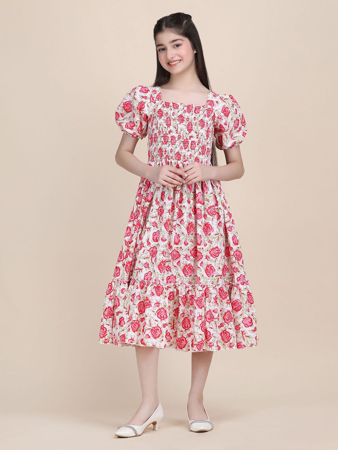 PTVIZE Floral Print Puff Sleeve Crepe Fit & Flare Midi Dress-picture-51