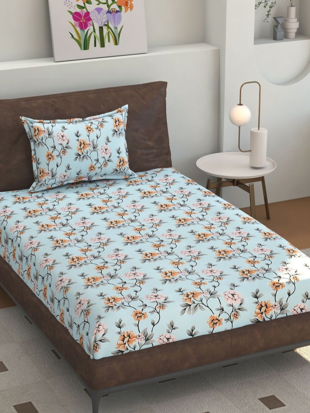 Florida Zenath Turquoise Blue & Grey Floral 160 TC Single Bedsheet with 1 Pillow Covers-image-17