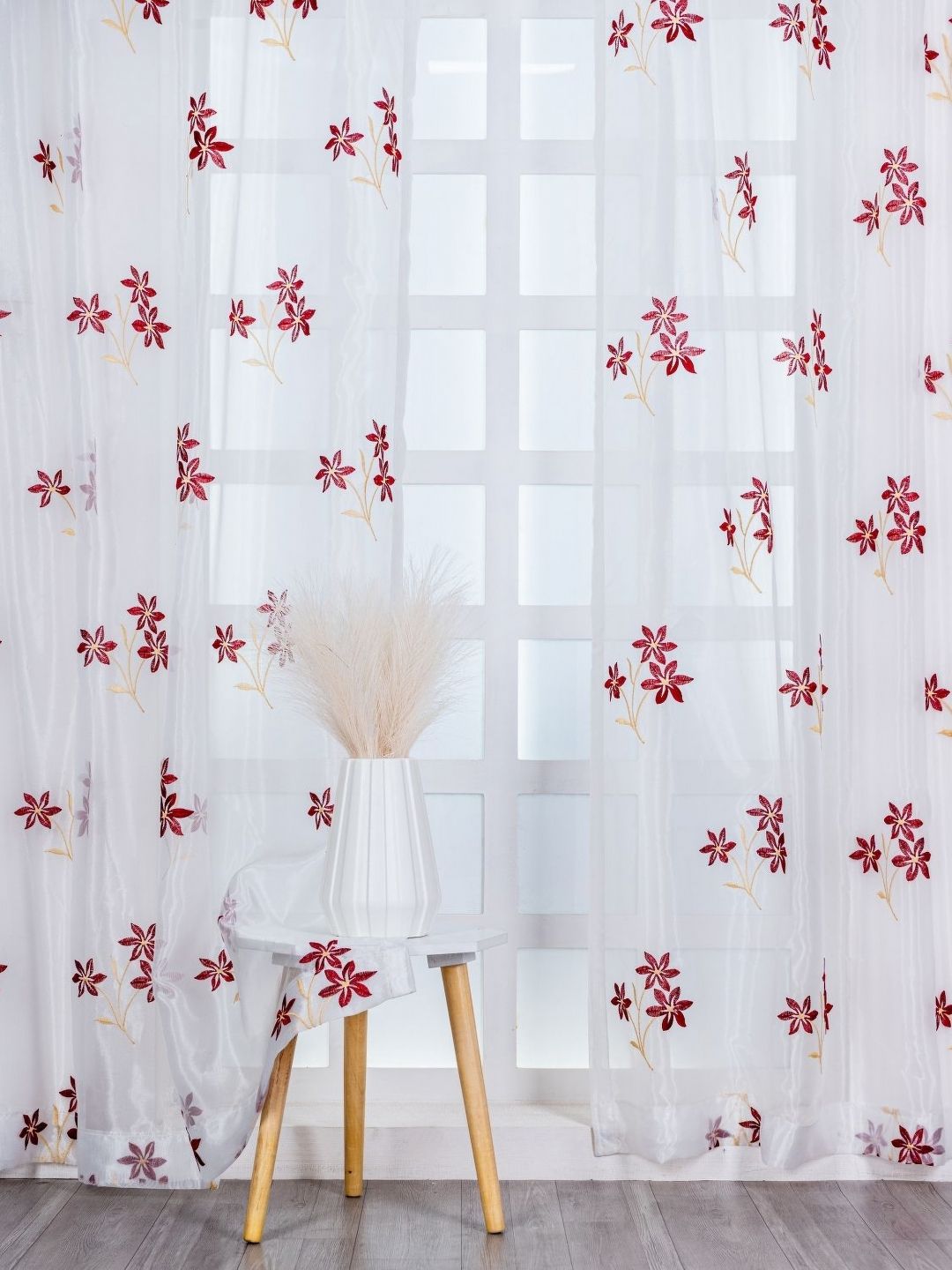 Parda Online Maroon & White Set of 2 Floral Sheer Door Curtain-image-15