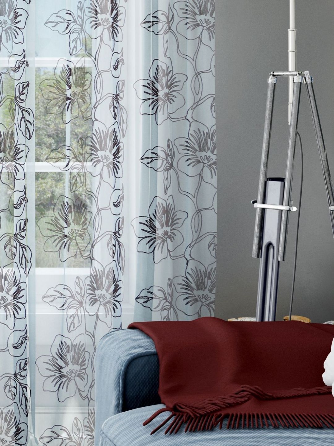 Parda Online White & Brown 2 Pieces Floral Printed Sheer Long Door Curtains-image-31