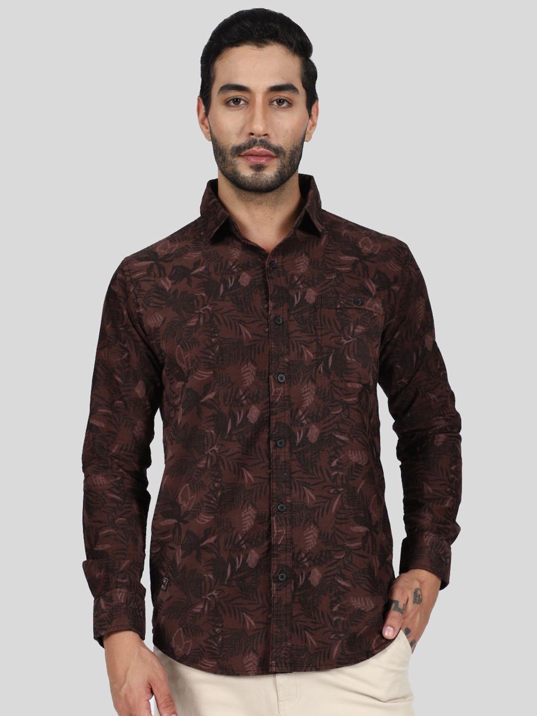 WOLF & CO. Relaxed Tropical Printed Spread Collar Cotton Shirt-picture-19