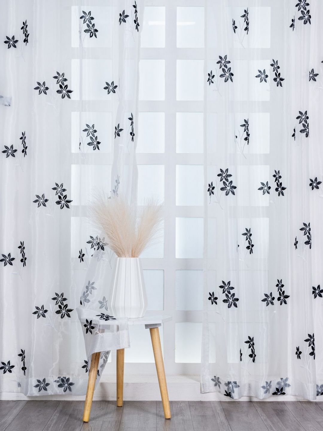 Parda Online White & Black Set of 2 Floral Sheer Door Curtain-image-21