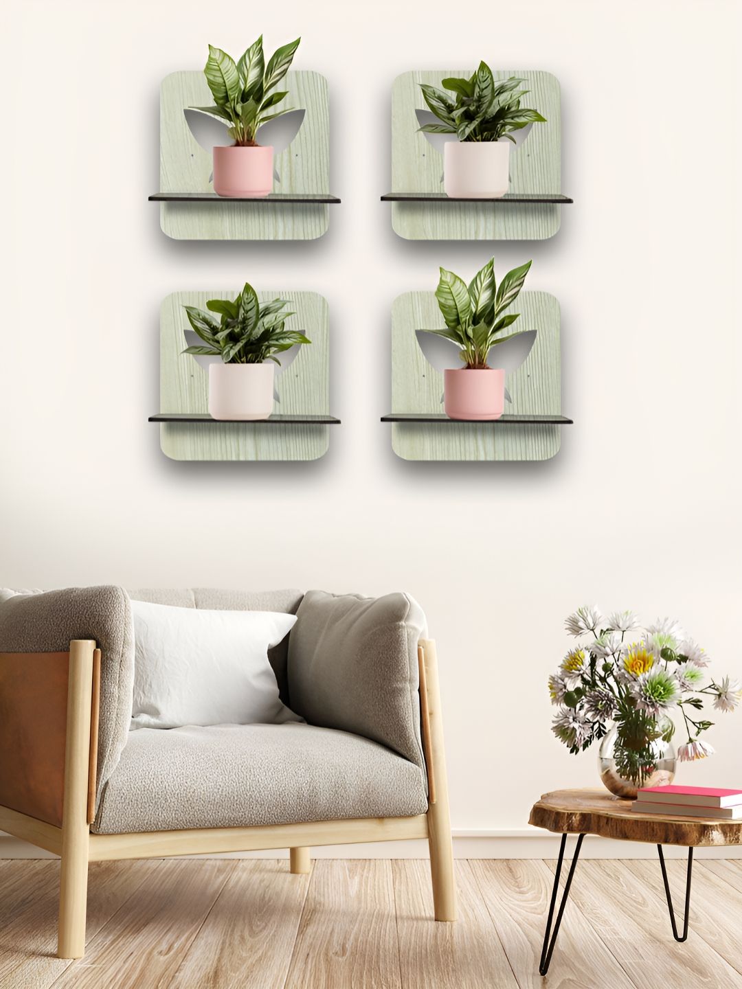 OLIVE TREE Black & Cream 4 Pieces Olive Tree Planter Stand Wall Shelves-picture-3