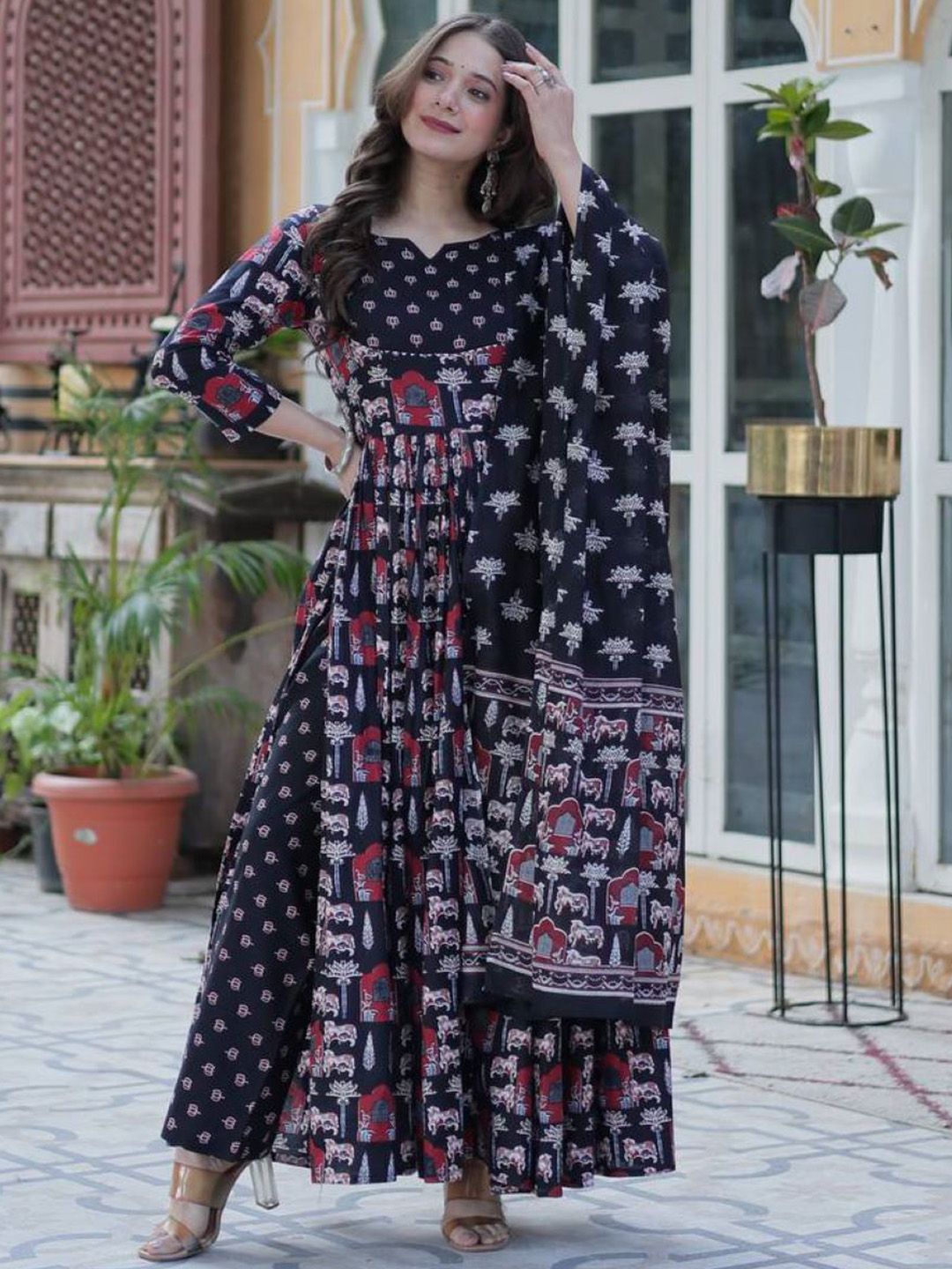 Charnest Ethnic Motifs Printed Notch Neck Kurta With Palazzos & Dupatta
