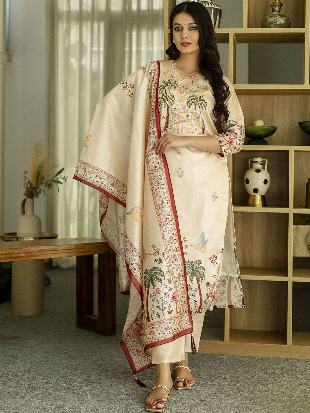 all about you Floral Embroidered V-Neck Sequinned Straight Kurta With Trousers & Dupatta