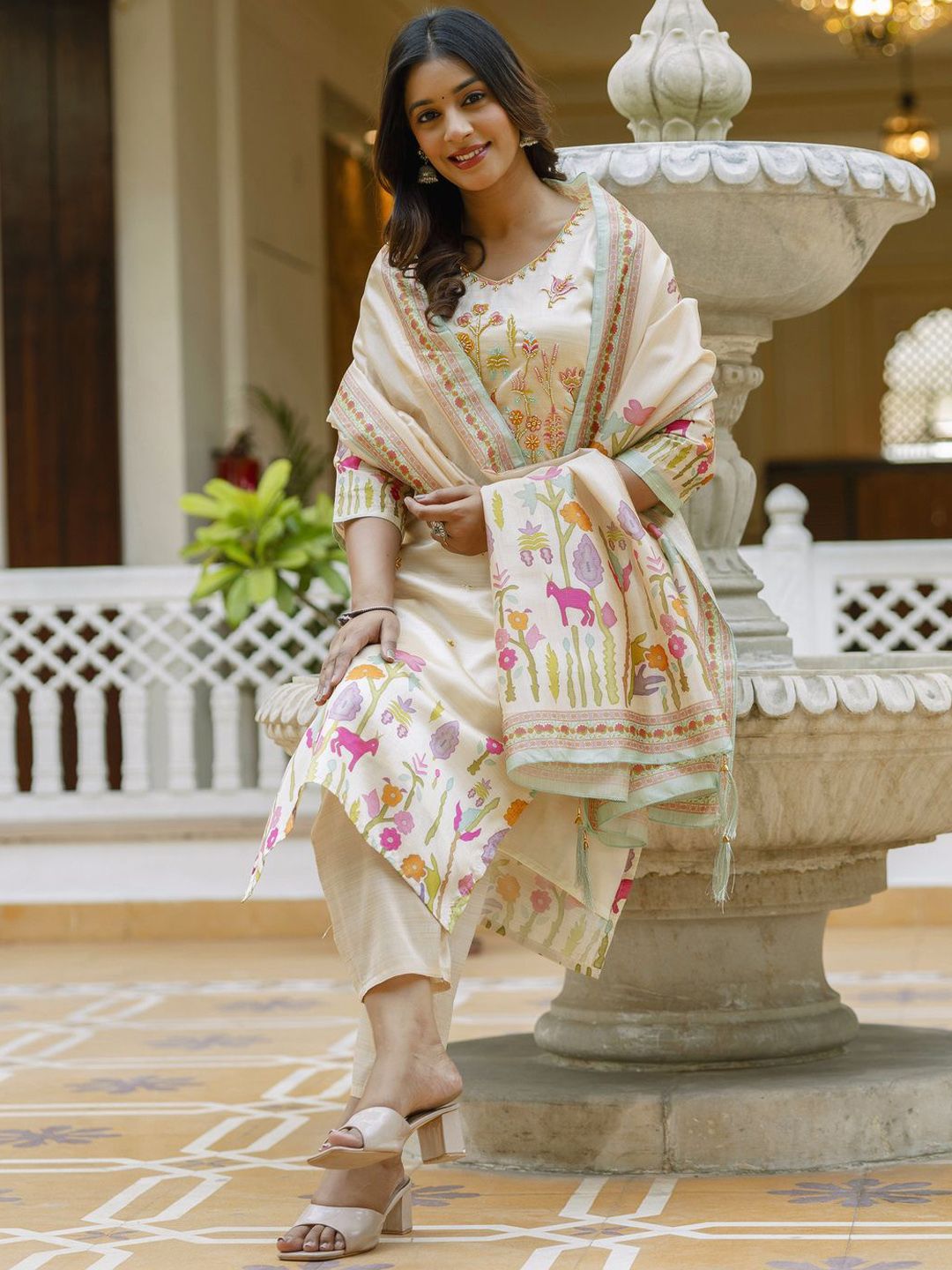 VredeVogel Floral Embroidered Beads And Stones Kurta With Trousers & Dupatta