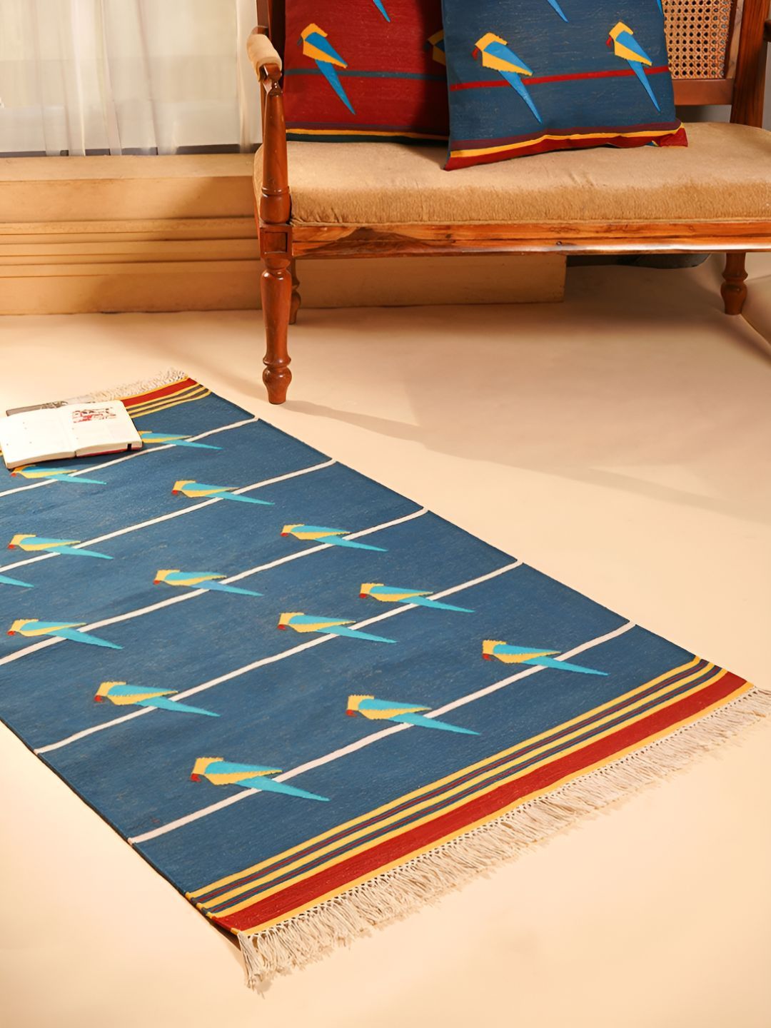 JAYPORE Blue & Yellow Hand Woven Pure Cotton Dhurrie-image-46