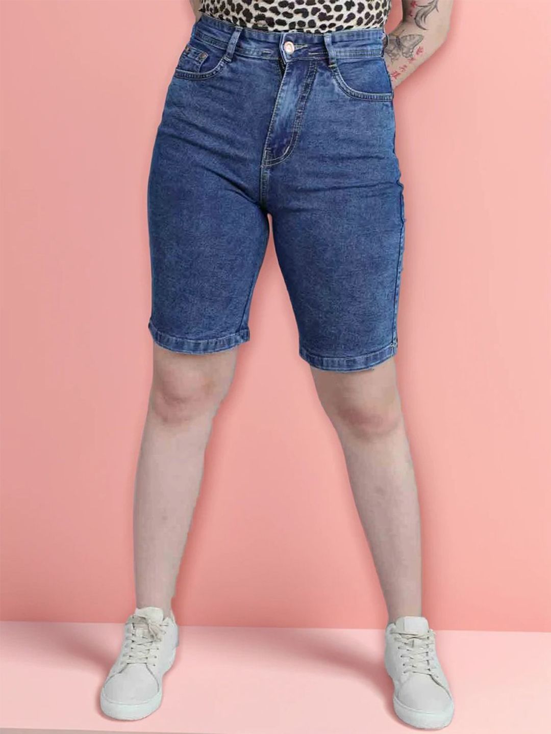 DressBerry Basics Women Washed High-Rise Stretchable Denim Shorts-picture-40