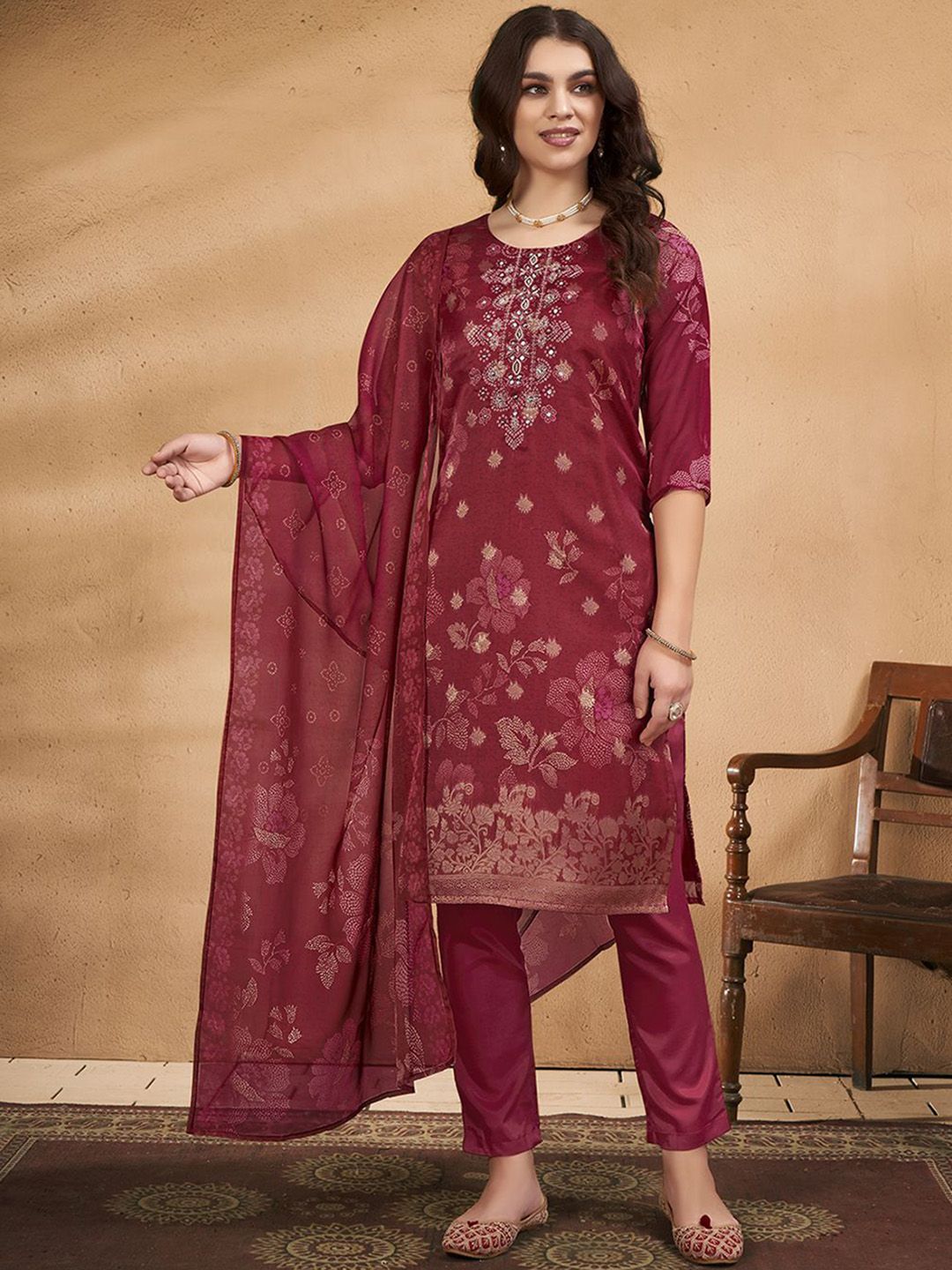 Anouk Women Floral Yoke Design Kurta with Trousers & Dupatta