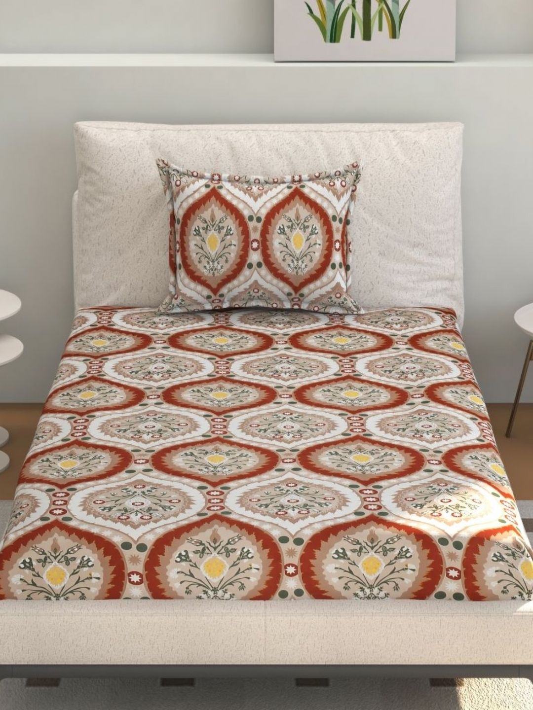 Florida Orange & Beige Floral 160 TC Single Bedsheet Set 275 cm X 228 cm-image-28
