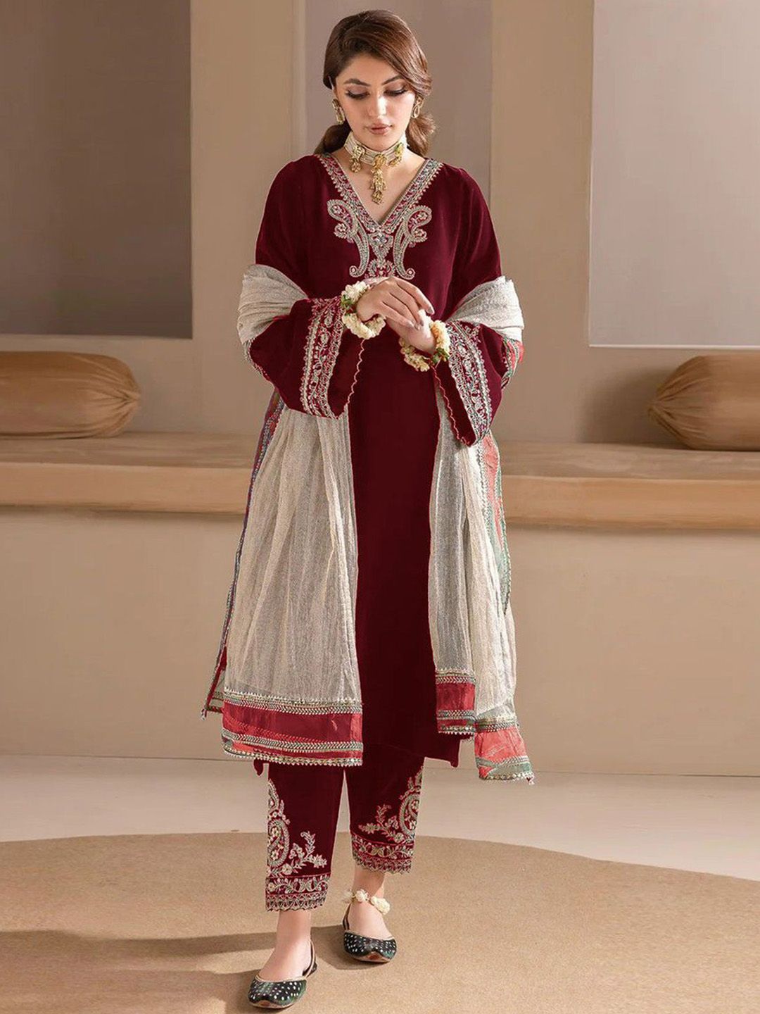 WAZIX Clothing Floral Embroidered Velvet V-Neck A-Line Kurta with Trousers & Dupatta
