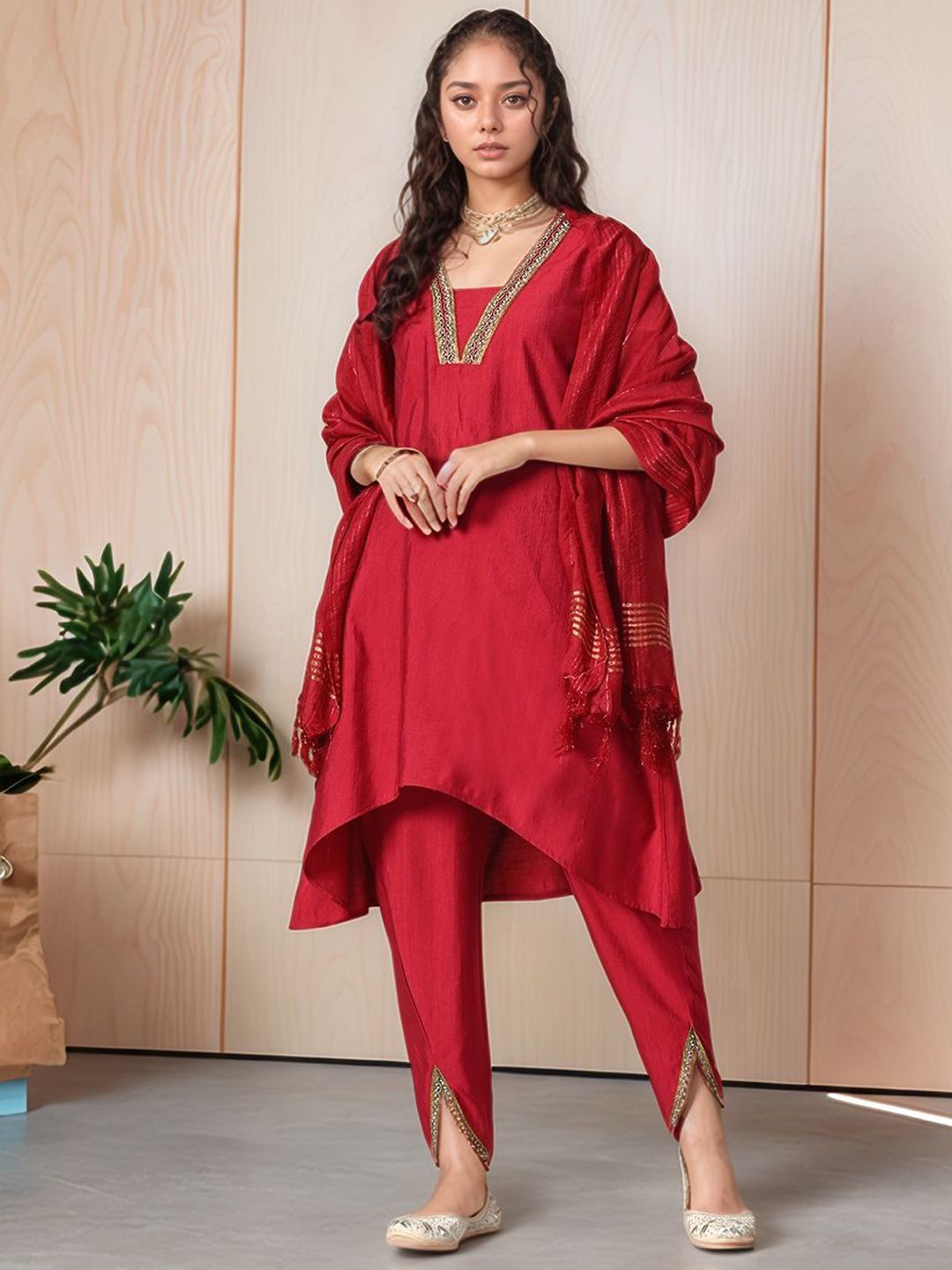 HERE&NOW Women Solid A-Line Kurta with Dhoti Pants & Dupatta