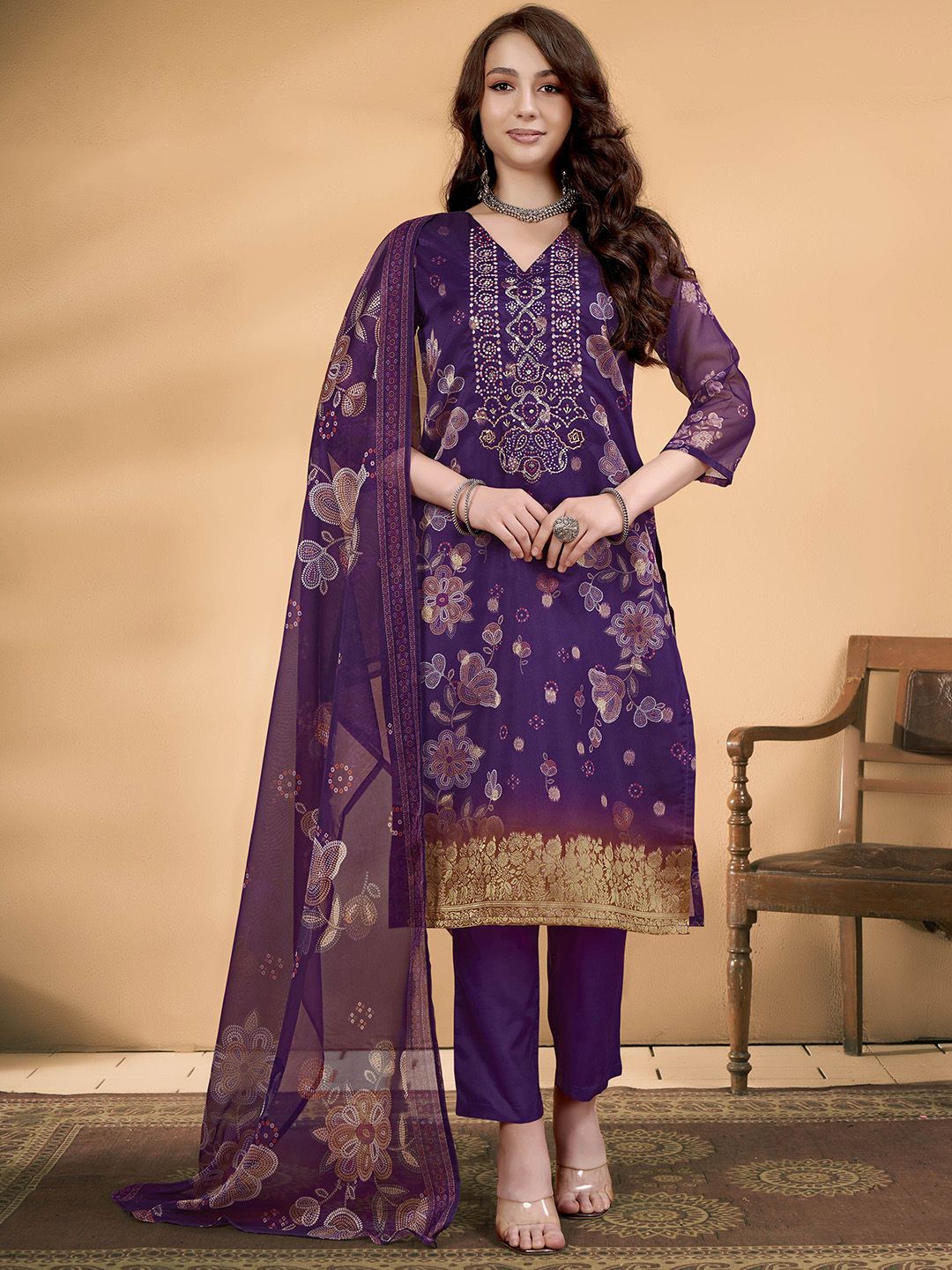 Anouk Floral Printed Beads and Stones Kurta With Trousers & Dupatta