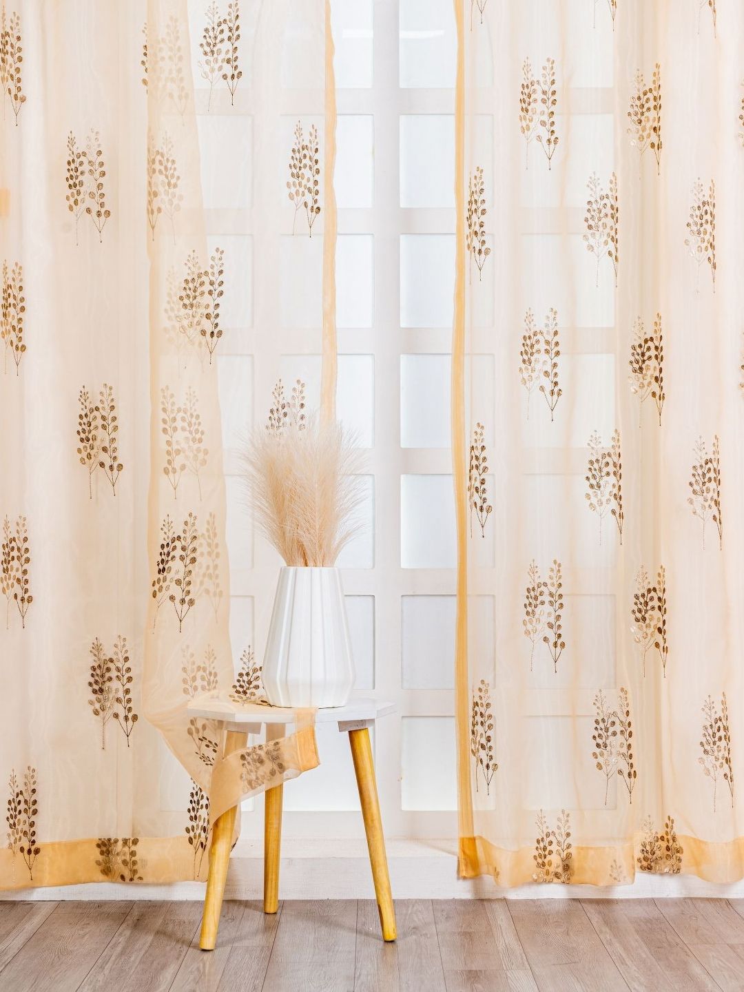 Parda Online Beige & Grey 2 Pieces Floral Embroidered Sheer Door Curtain-image-7