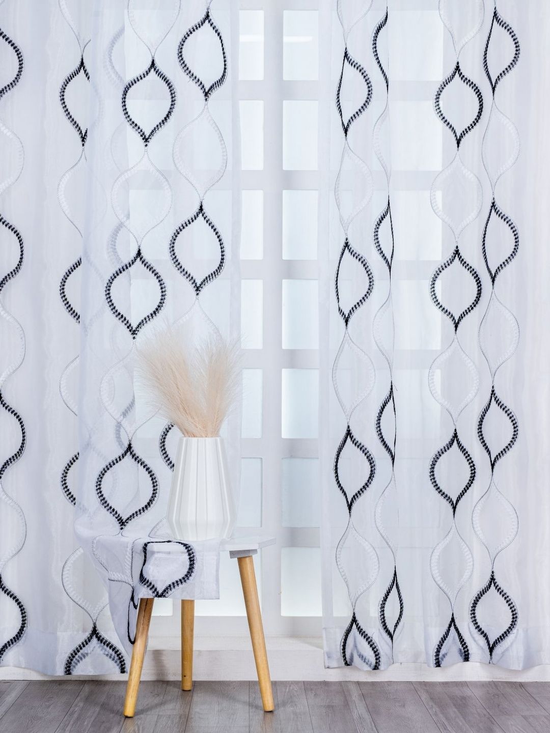 Parda Online White & Black 2 Pieces Embroidered Sheer Long Door Curtains-image-48