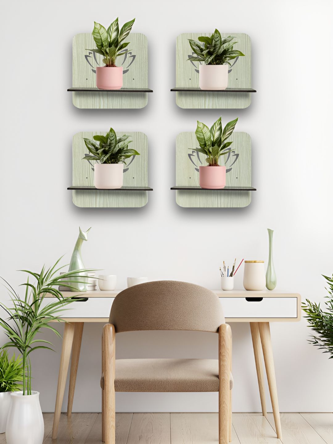OLIVE TREE Black & Cream 4 Pieces Olive Tree Planter Stand Wall Shelves-picture-33