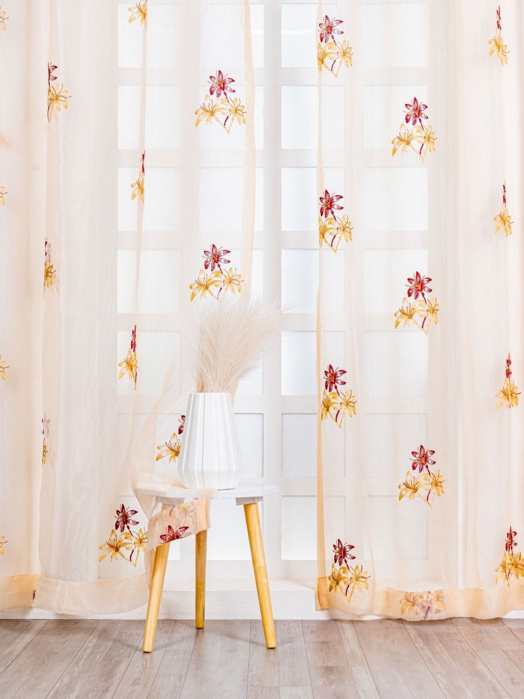 Parda Online Gold-Toned & Red 2 Pieces Floral Embroidered Sheer Door Curtains-image-15