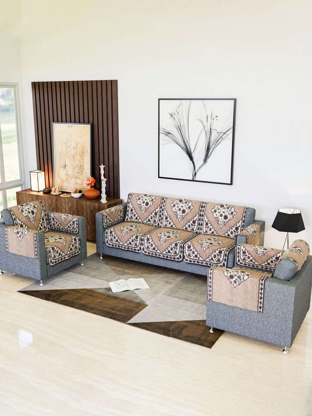 Aura Brown & Coral Printed Cotton Sofa Cover With Arms-image-17
