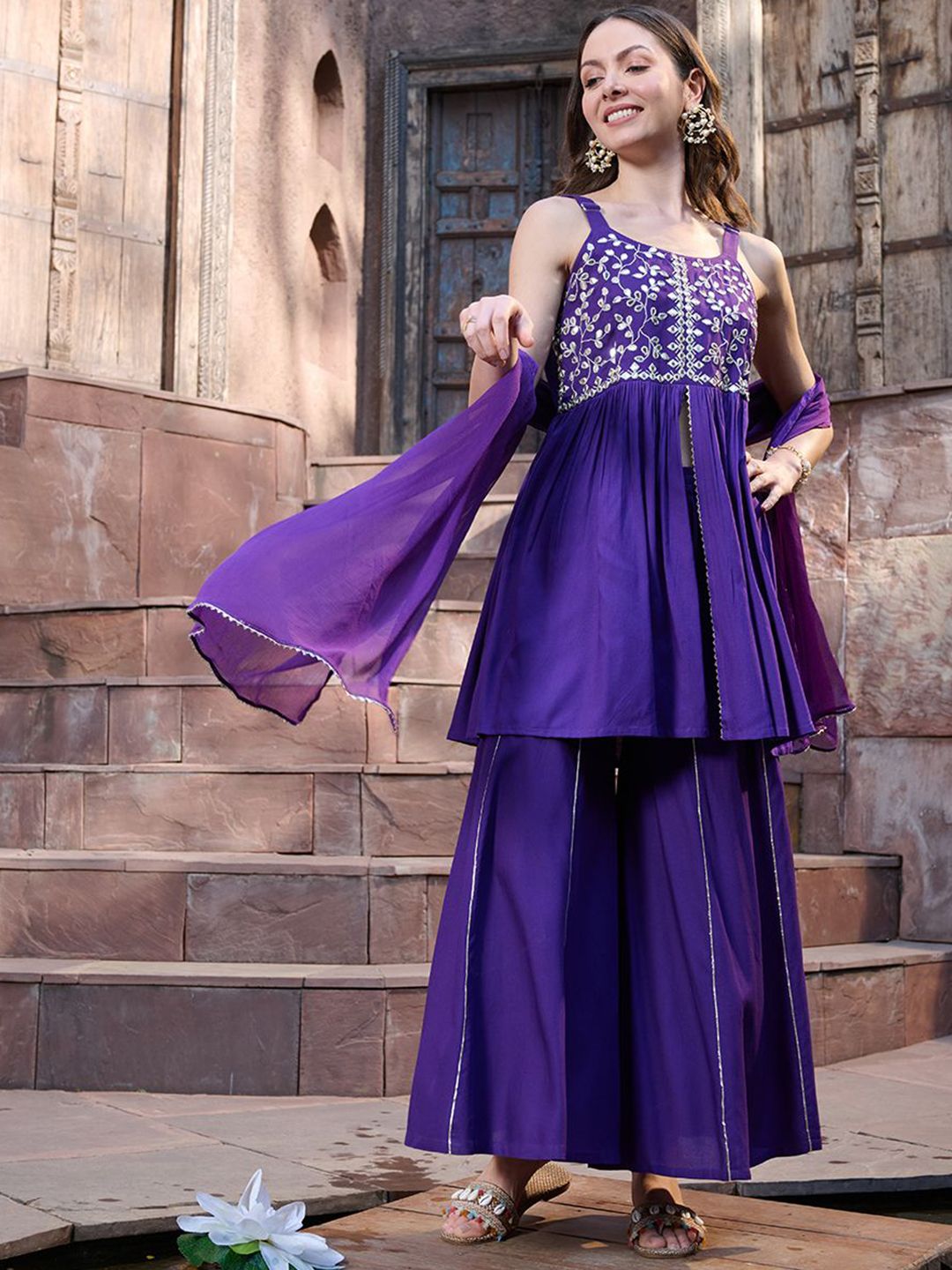 Stylum Women Woven Design Embroidered A-Line Kurta with Sharara & Dupatta