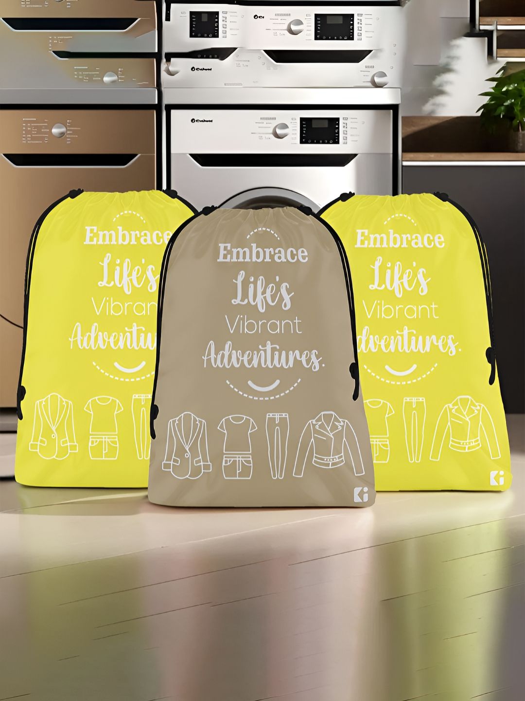 Aura Yellow & Brown 3 Pieces Printed Water Resistant Laundry Bags-picture-29