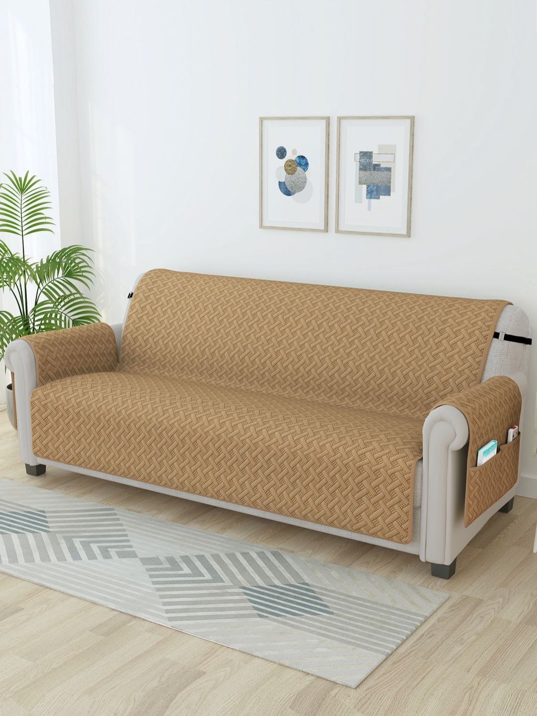 Story@home Beige Self Design Microfiber 3 Seater Sofa Cover With Arms