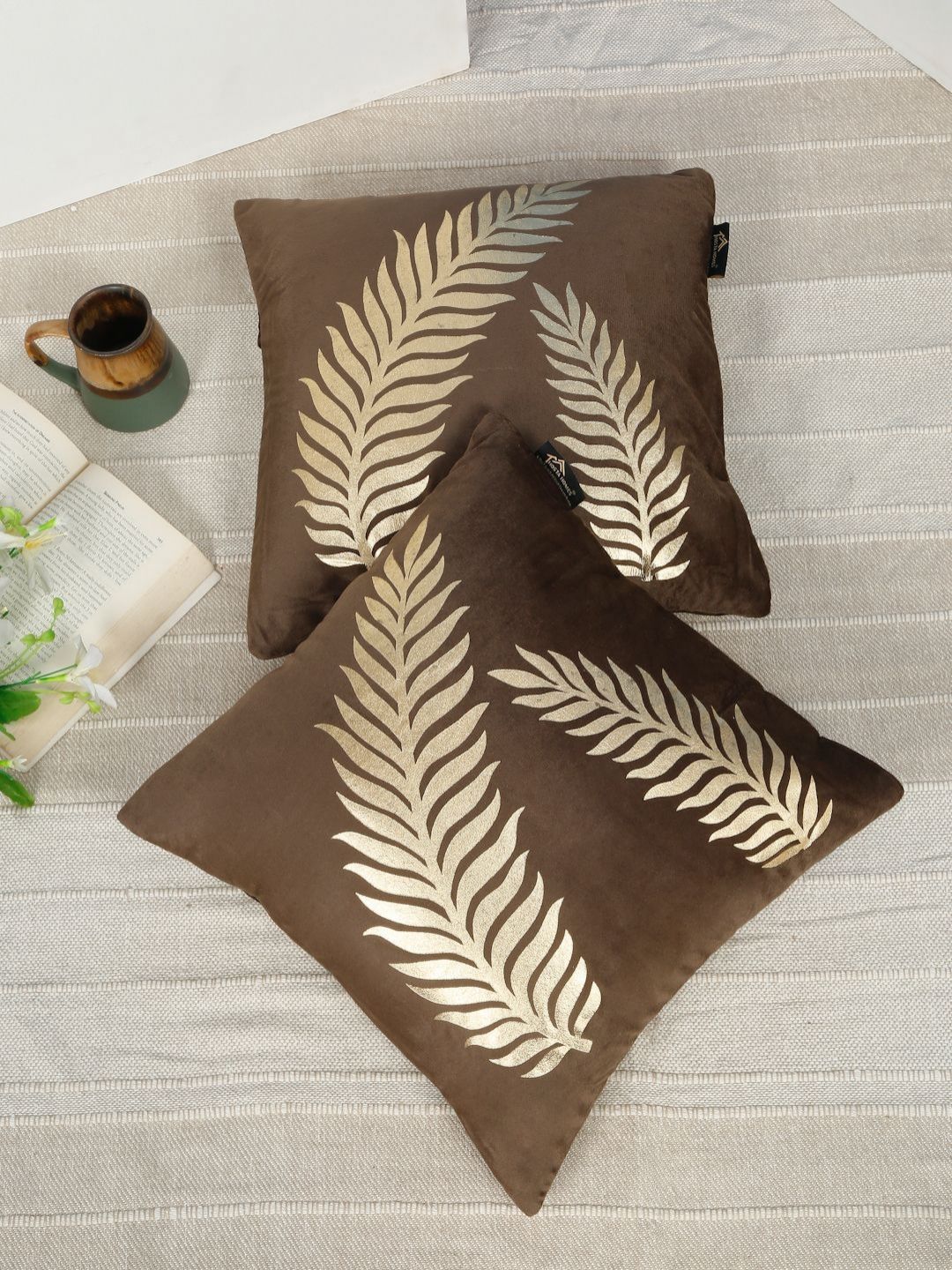 HOSTA HOMES Brown & Cream-Coloured Set of 2 Ethnic Motifs Velvet Square Cushion Covers-picture-14