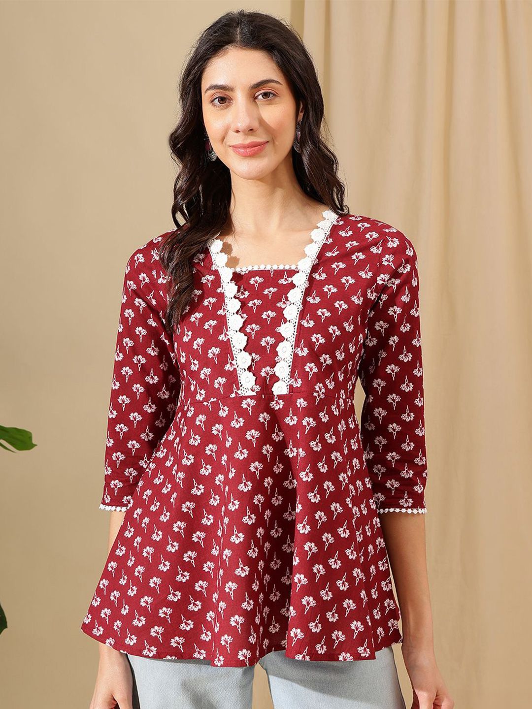 HERE&NOW Women Square Neck Floral Printed Cotton Tunic-picture-24