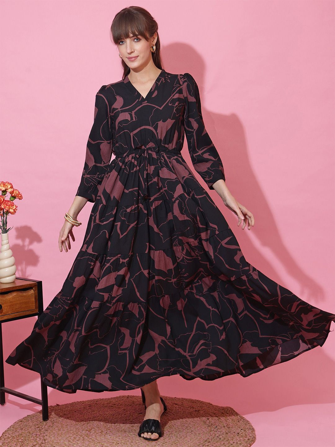 De La Moda Women Printed V-Neck Crepe Tiered Cuffed Sleeves Fit & Flare Midi Dress-picture-22