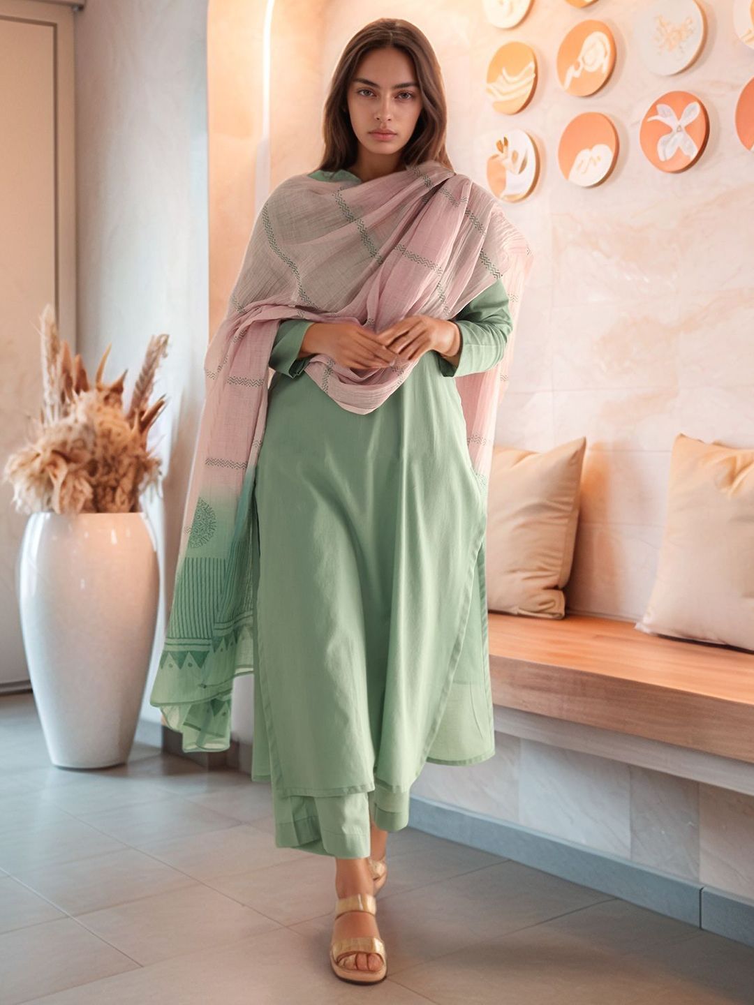 GoSriKi Notch Neck Straight Kurta & Palazzos With Dupatta