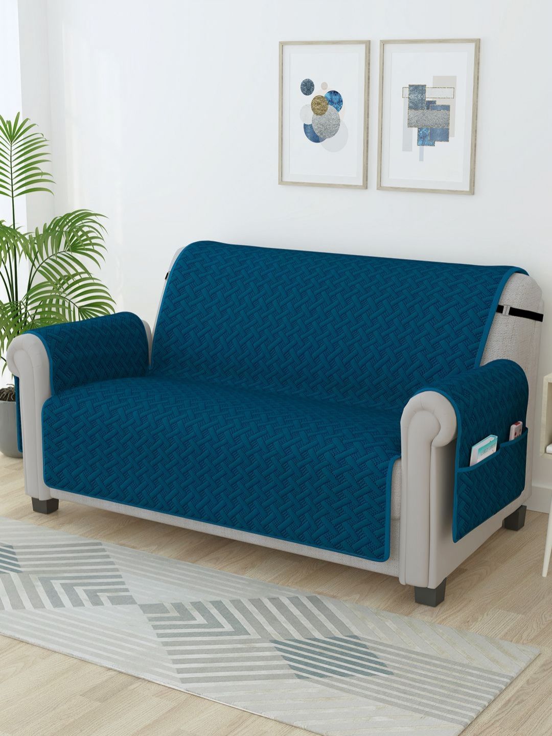 Story@home Navy Blue Self Design Microfiber 2 Seater Sofa Cover With Arms-picture-22