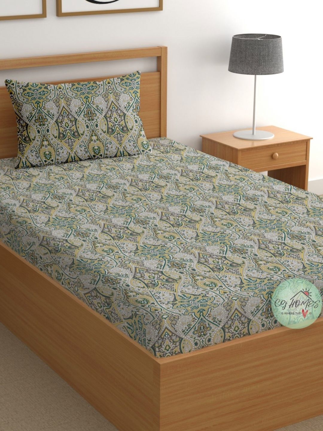 CG HOMES Grey & Green Ethnic Motifs Printed 180 TC Cotton Single Bedsheet 215 cm x 150 cm-picture-35