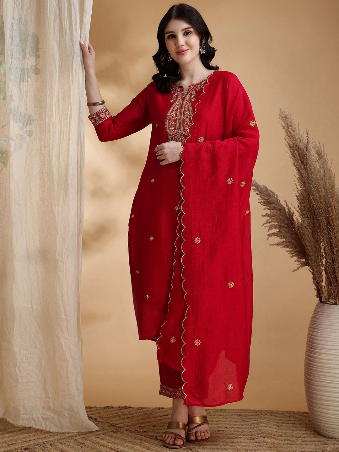 KALINI Floral Embroidered Notch Neck Straight Kurta With Trouser & Dupatta