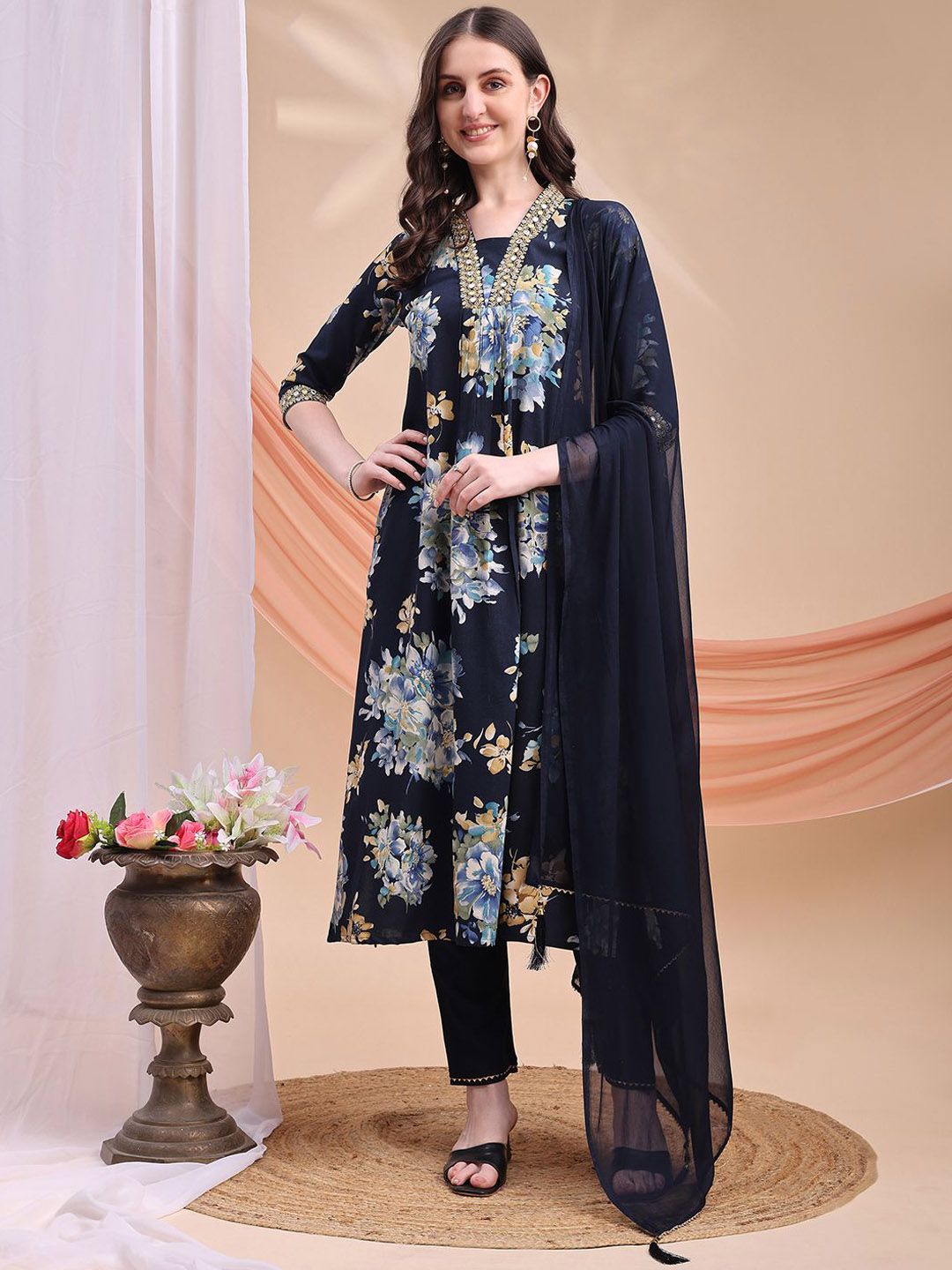 KALINI Women Floral Printed Regular Thread Work Kurta with Trousers & With Dupatta