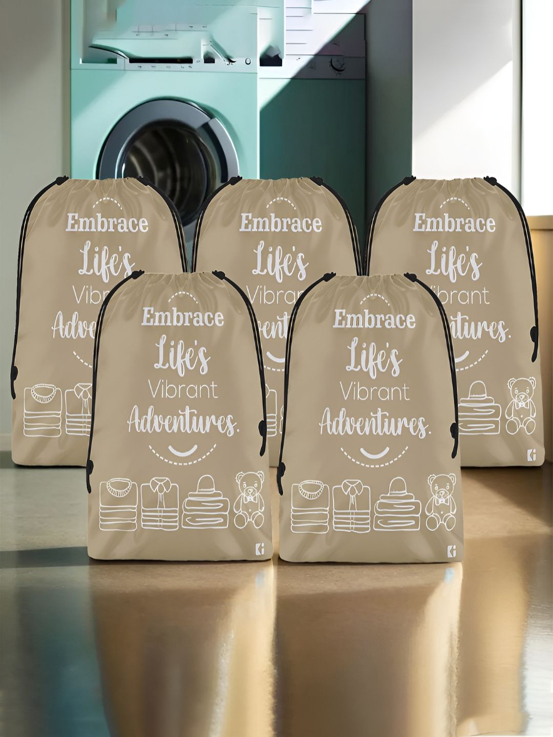 Aura Brown 5 Pieces Printed Foldable Water Resistant Multi-Utility Laundry Bags-picture-24