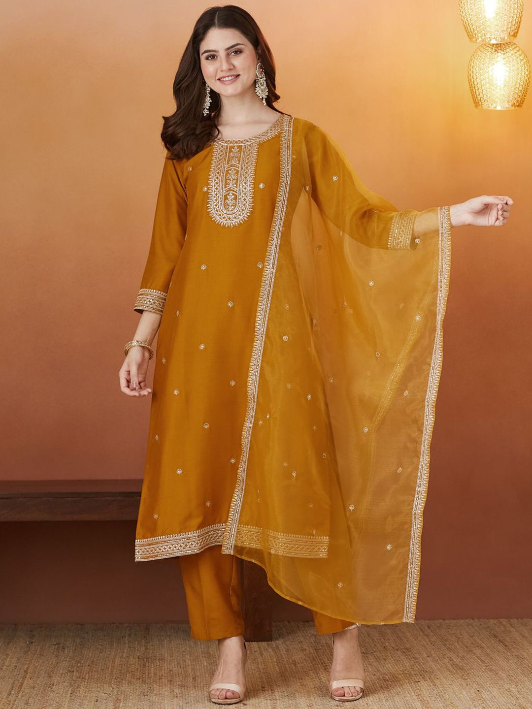 Colors  of Earth Ethnic Motifs Embroidered Sequined Straight Kurta With Trousers & Dupatta