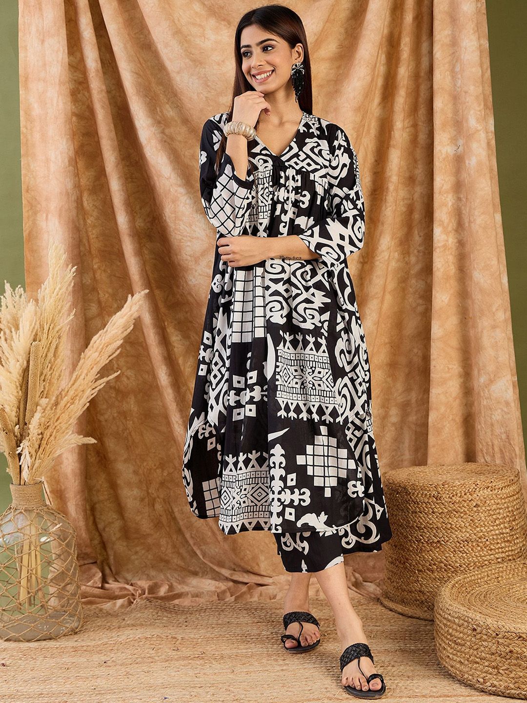 InWeave Ethnic Motifs Printed V-Neck Pure Cotton A-Line Kurta With Palazzo