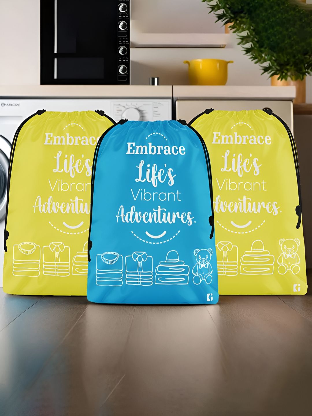 Aura Yellow & White 3 Pieces Printed Foldable Laundry Bags-picture-10