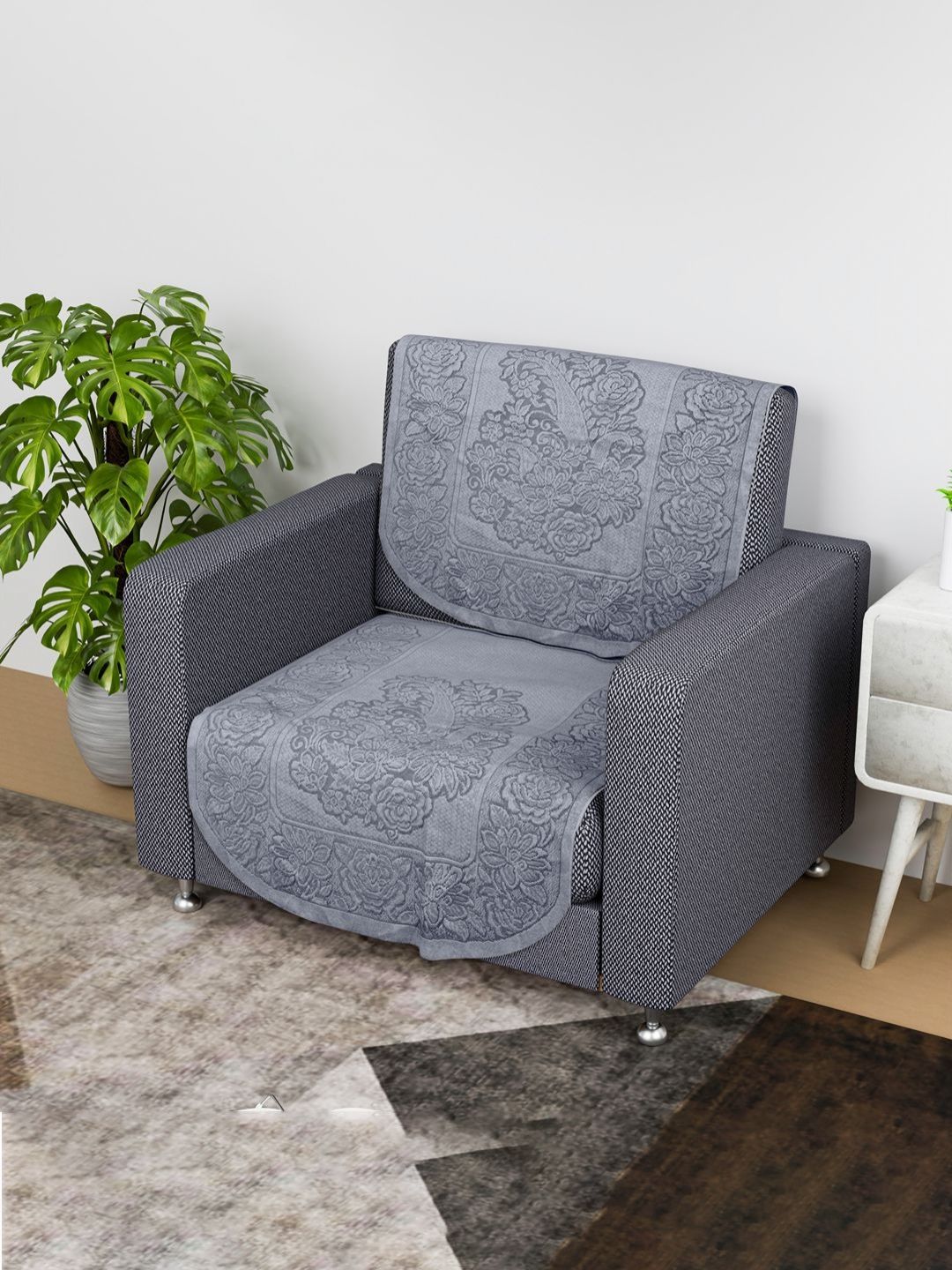 Aura Grey 2 Pieces Printed Cotton 1 Seater Sofa Cover-image-46