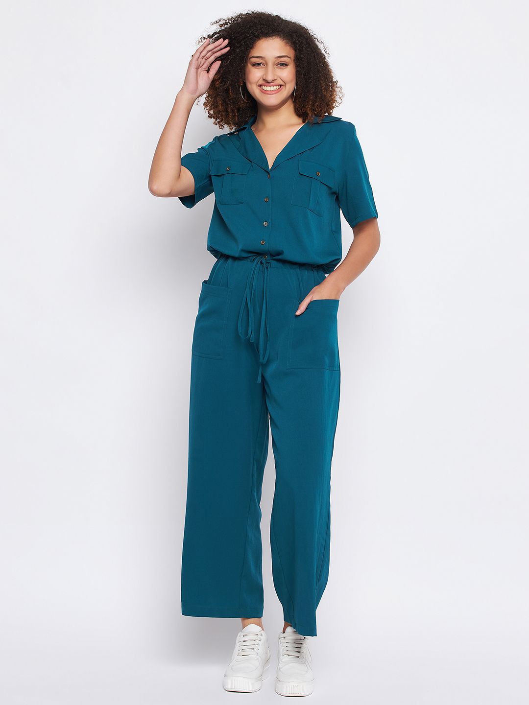 Color Cocktail Women Shirt Collar Waist Tie-Ups Basic Jumpsuit